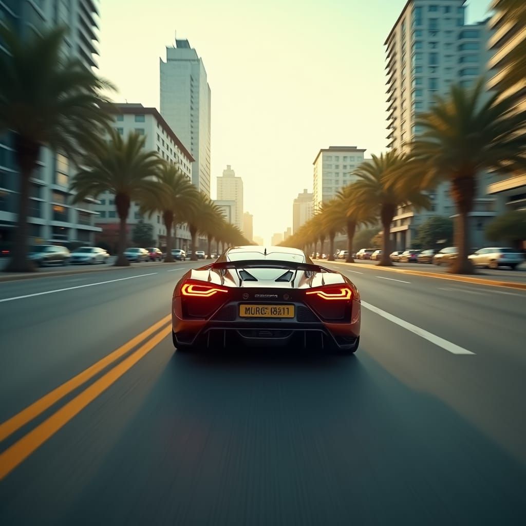 Sports Car Exiting Curve in Cinematic Cityscape