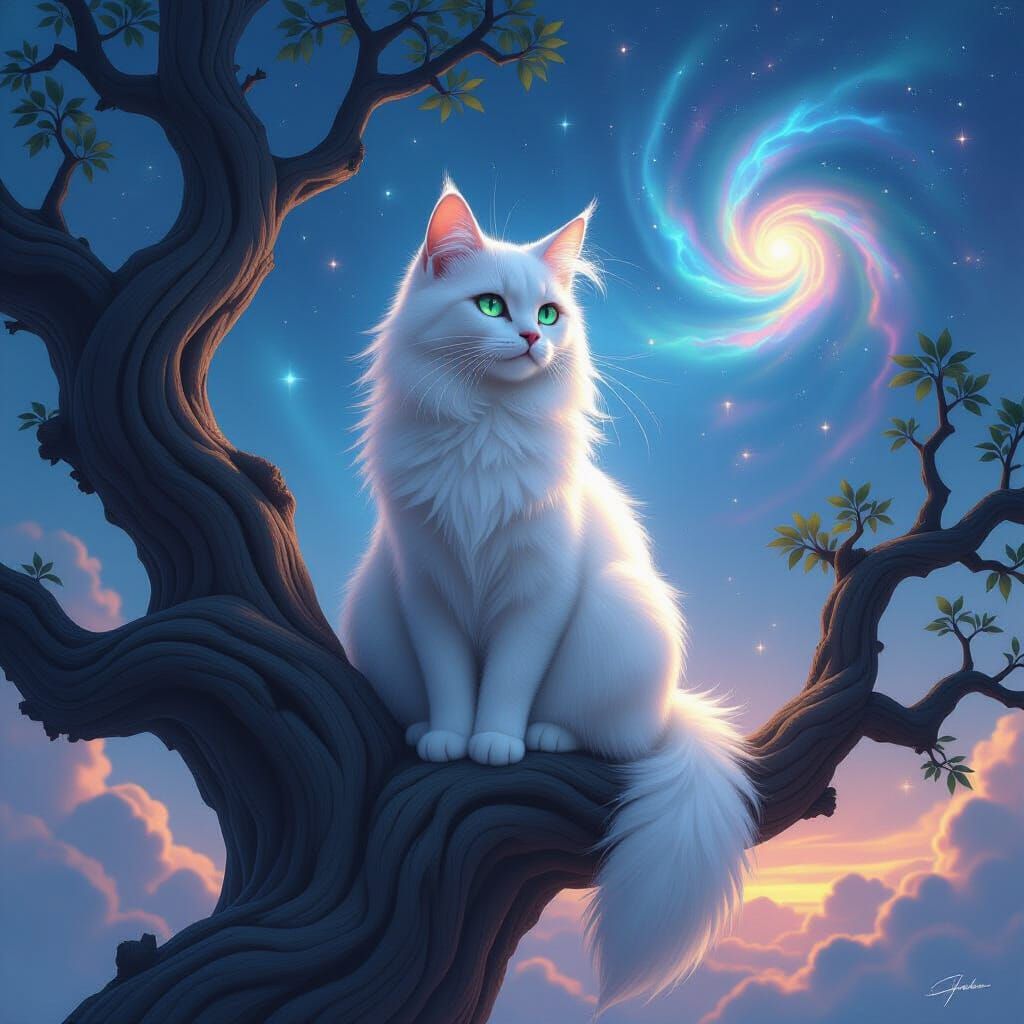 Majestic White Cat on Ancient Tree Under Cosmic Sky