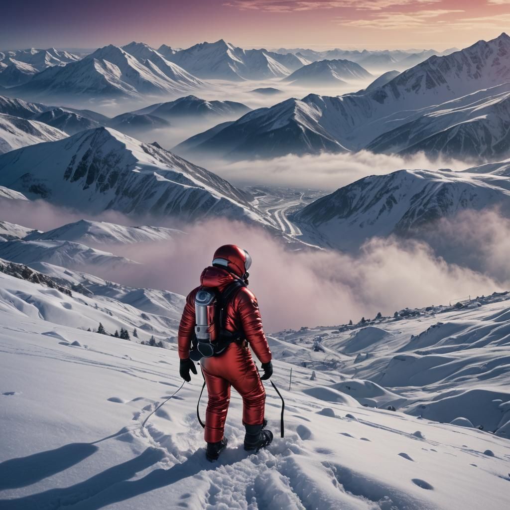 Person in Red Snowsuit on Snowy Mountain