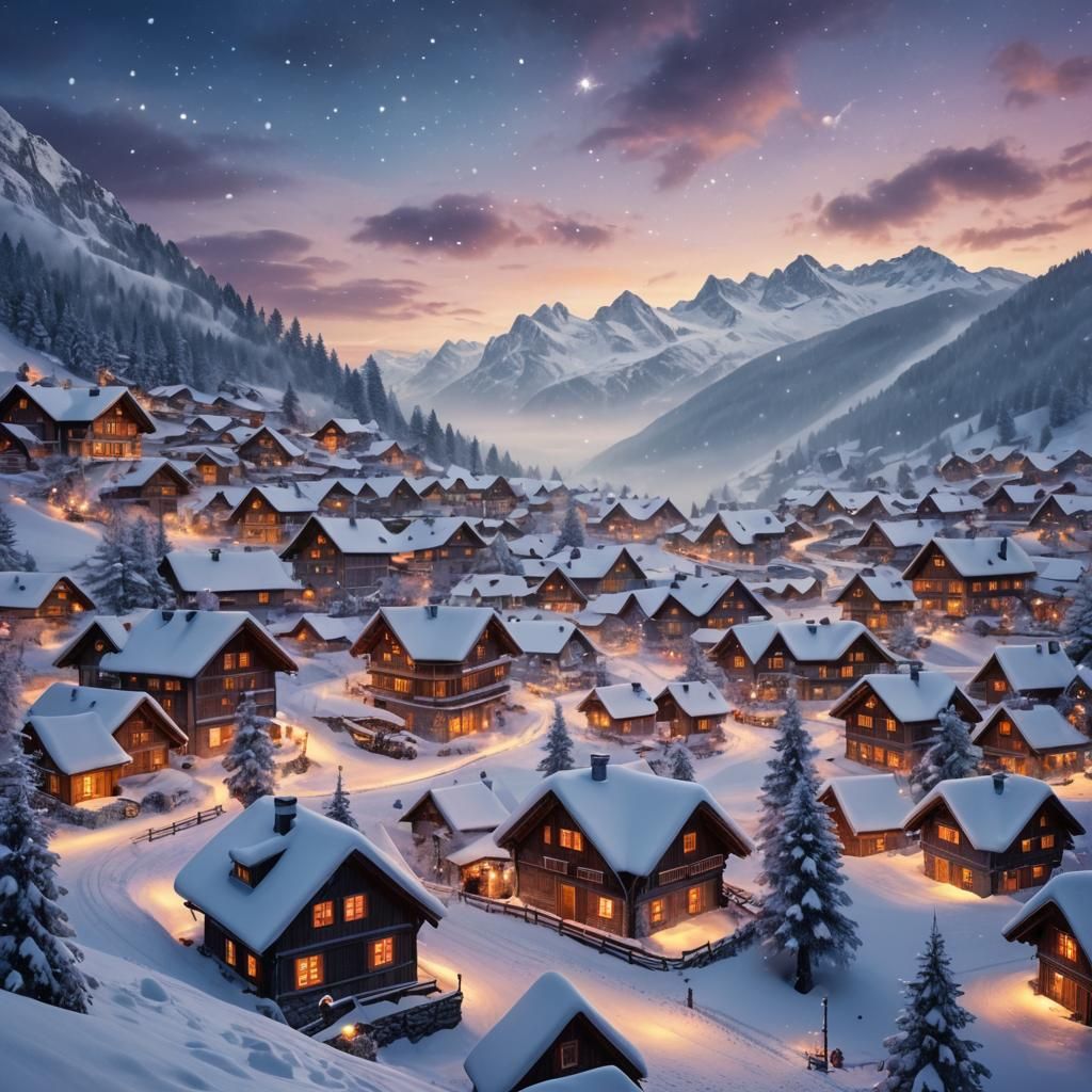 Snowy Swiss Village Christmas Eve: High Fantasy Concept Art