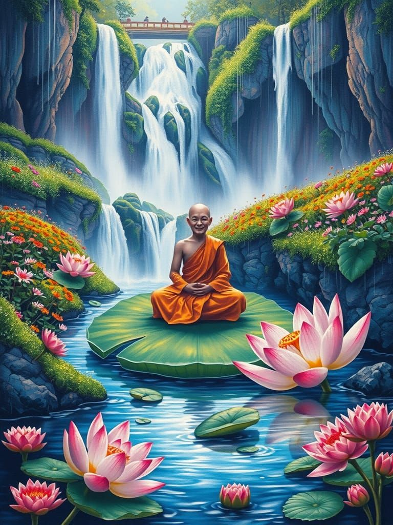 Monk Meditating on Lotus in Surreal Waterfall Drawing