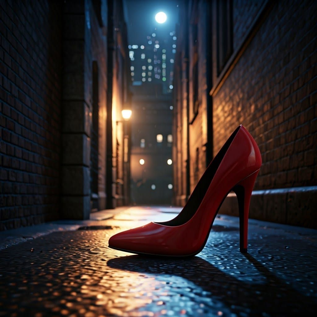 Crimson High Heel Shoe in Rain-Slicked City Alley