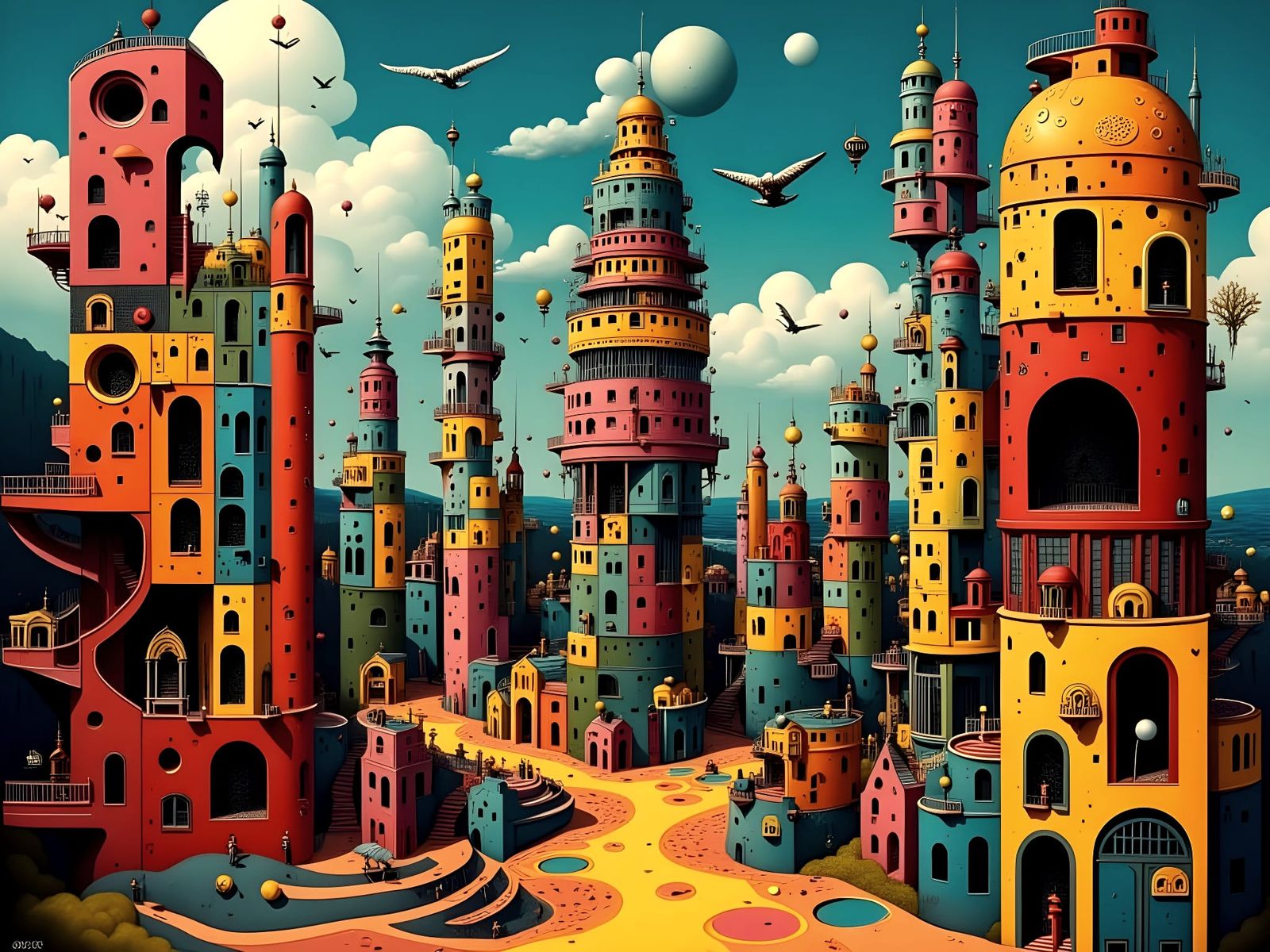 Escher-Inspired Impossible Tower in Vibrant Surrealism