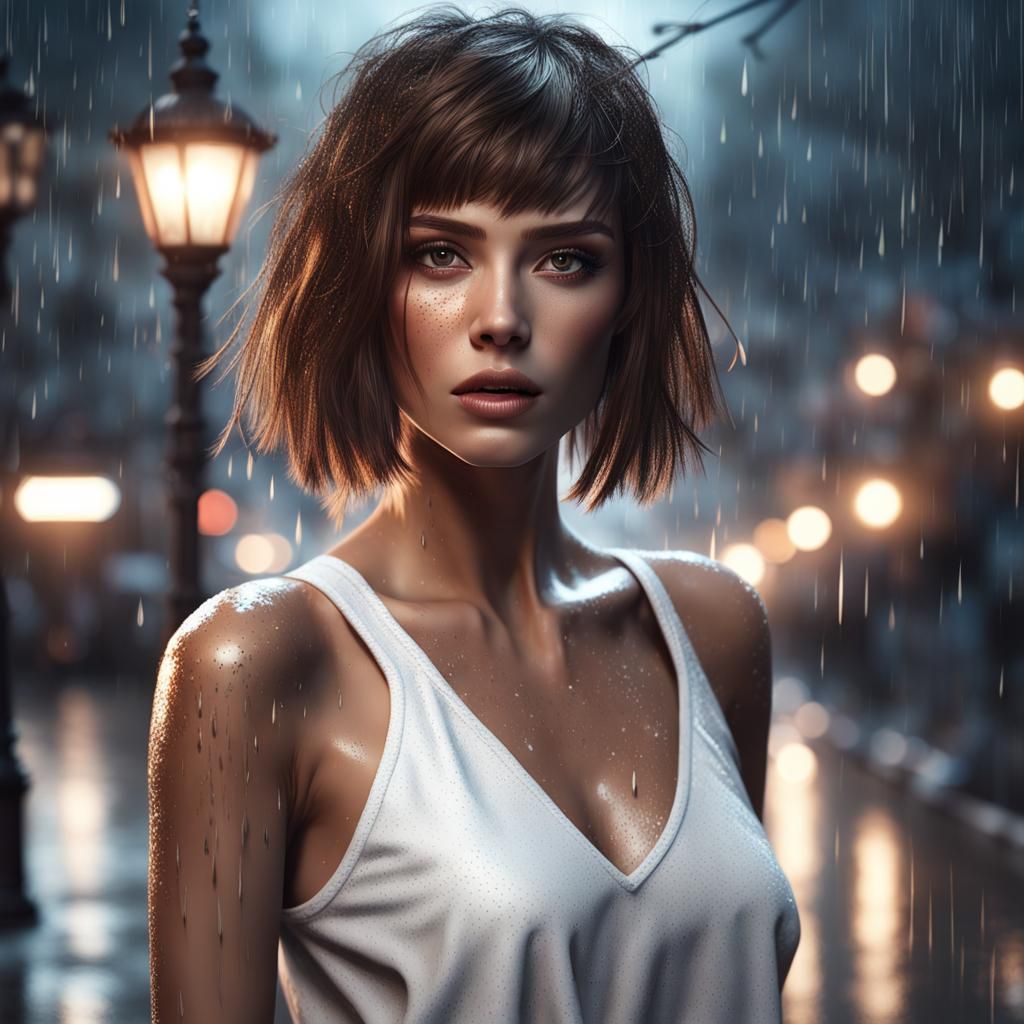 Woman in Rain with Glitter Details: Matte Painting