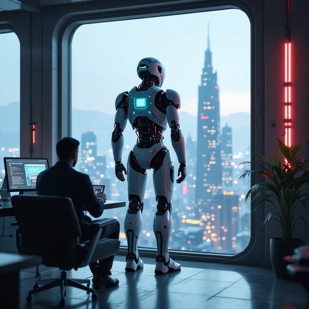 Cyberpunk Robot in Futuristic Room with Cinematic Lighting