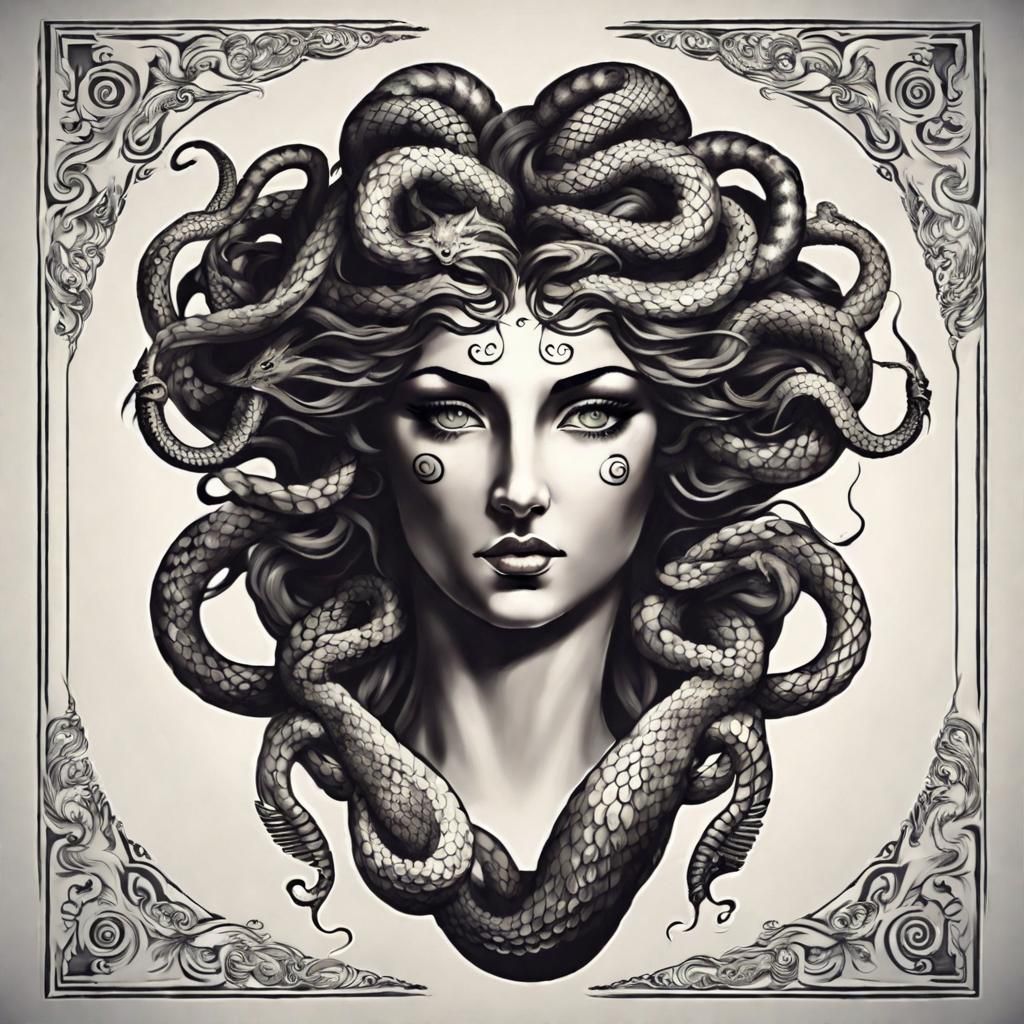 Medusa in Tattoo Style with Serpent Hair