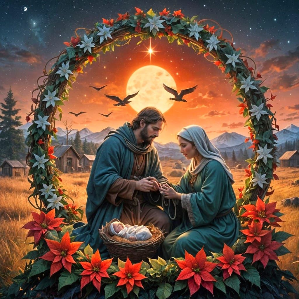 Magical Nativity Scene with Starry Sky and Festive Wreath