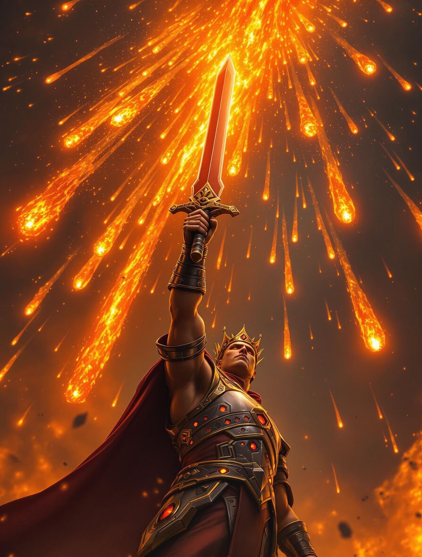 Epic Warrior in Fiery Armor, Sword at the Ready