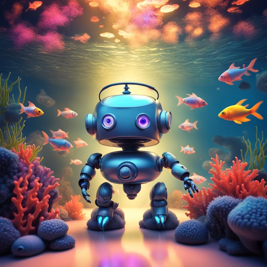 Robot in Aquarium with Fish and Coral