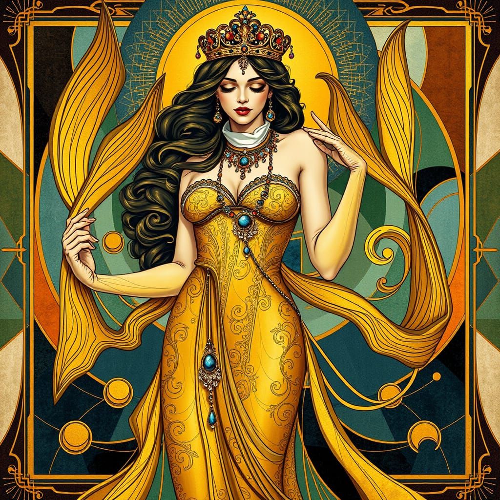Elegant Art Nouveau Woman in Lavish Gold Attire