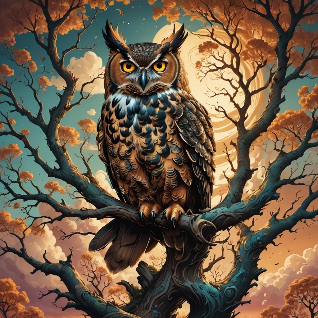 Great Horned Owl in Victorian Treehouse Illustration