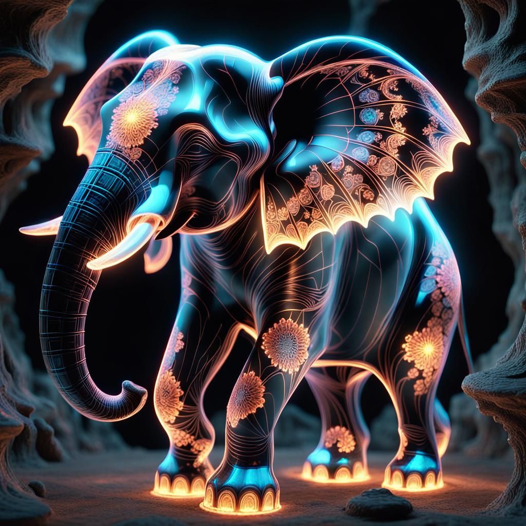 A mesmerizing and ethereal hologram of an elephant