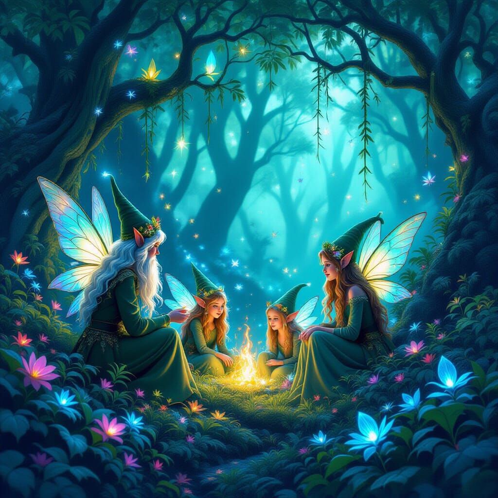 Elves and Fairies in Bioluminescent Forest, Fantasy Art