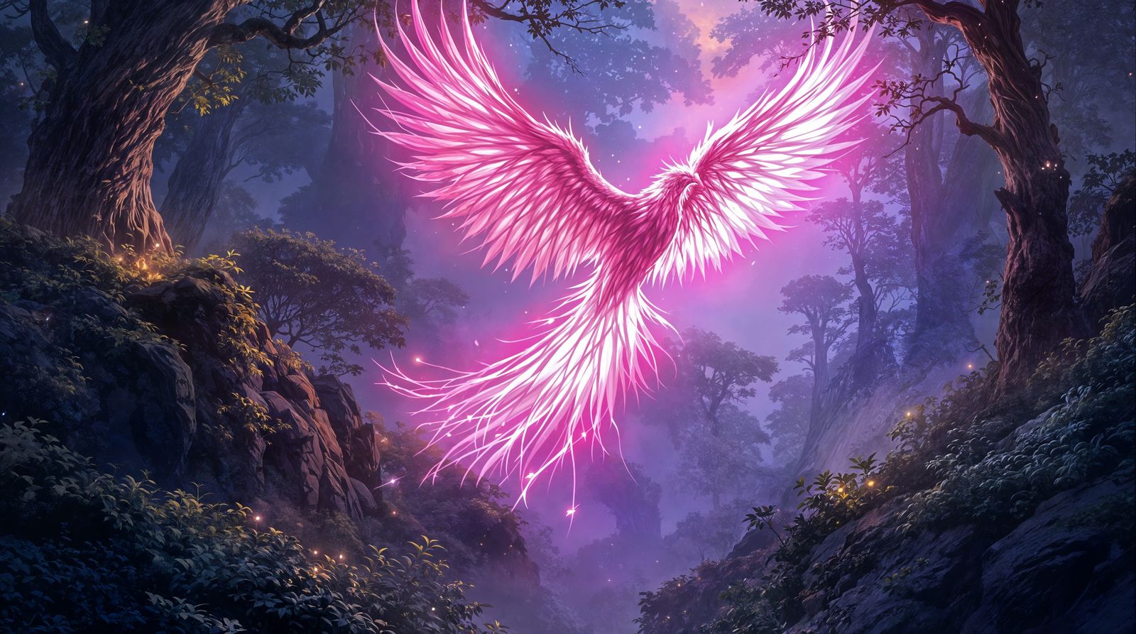 Glowing Pink Phoenix Takes Flight in Mystical Twilight Fores...