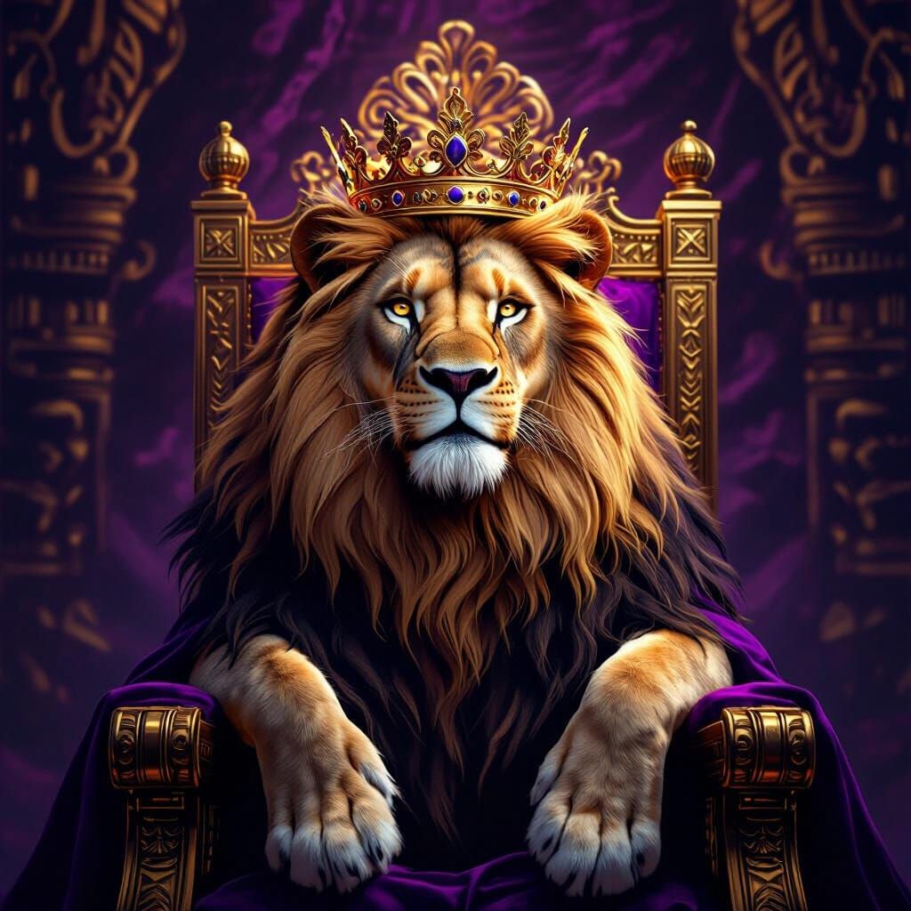 Regal Lion King on Throne in Hyperrealistic Digital Art