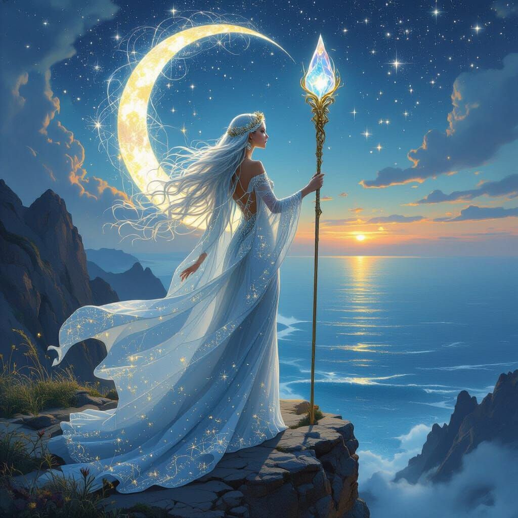 Elven Goddess on Cosmic Precipice in Art Nouveau Style