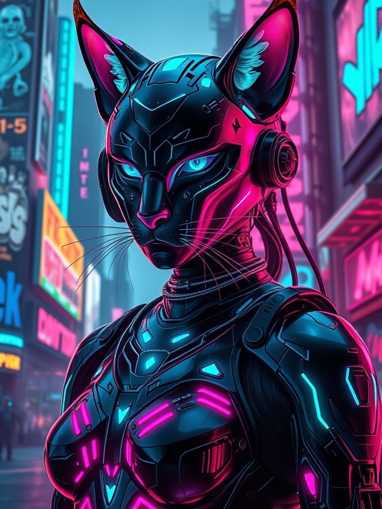 Cyberpunk Cyborg Cat in Dystopian Cityscape