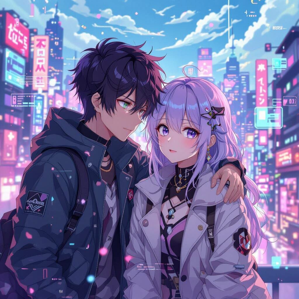 Vaporwave Anime Character in Pastel Cityscape