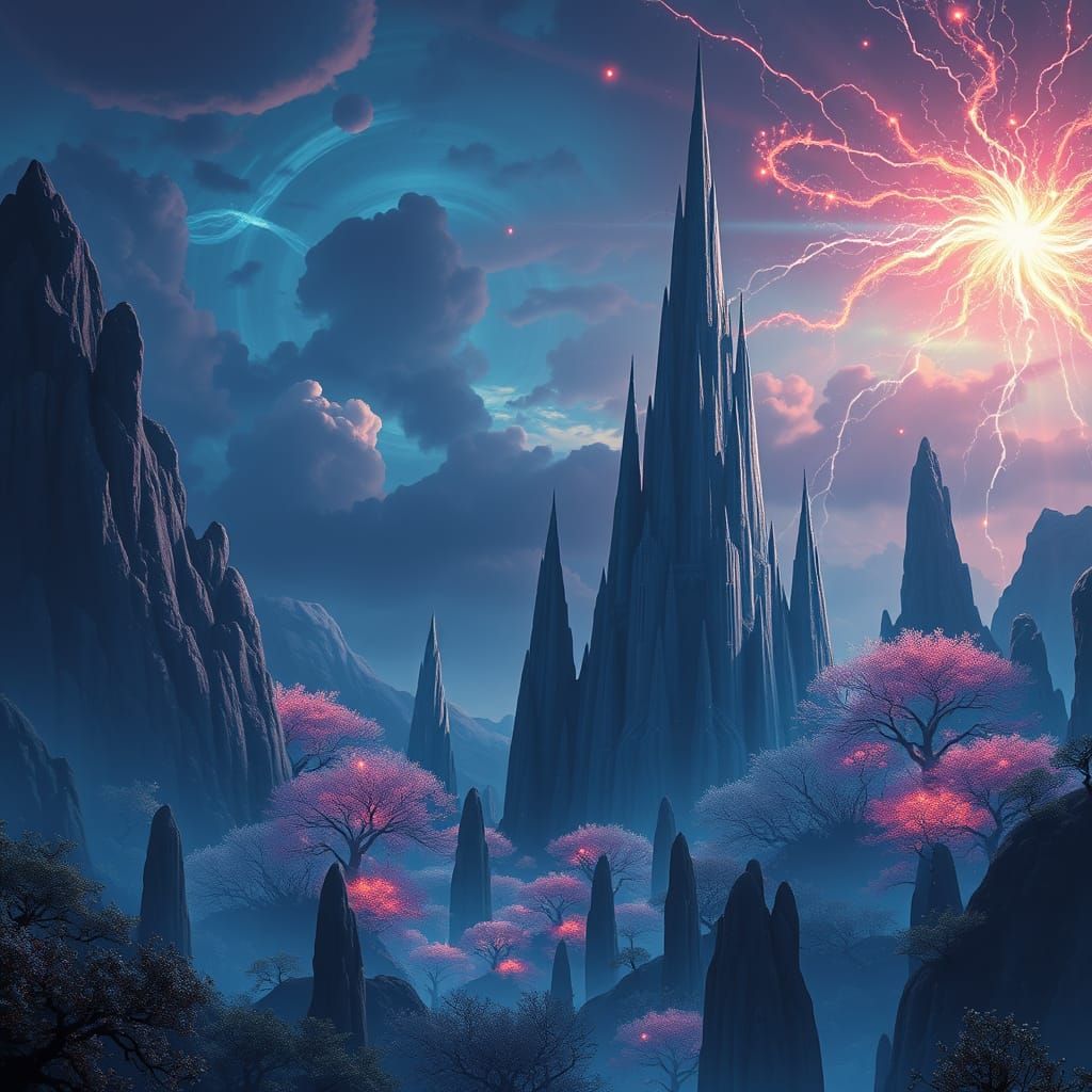 Surreal Spires in a Woven Reality, in Detailed Matte Paintin...