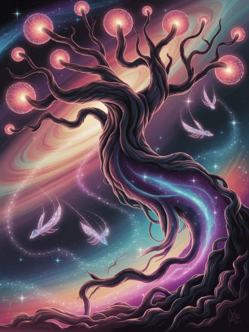 Cosmic Tree with Crystal Fruit and Nebula Background