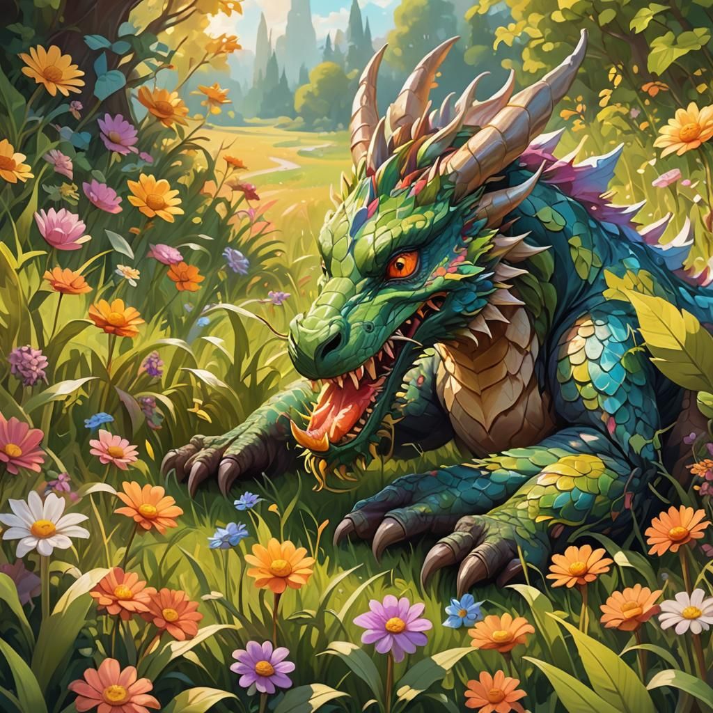 Plant Dragon Eats Bunny in Vibrant Oil Painting