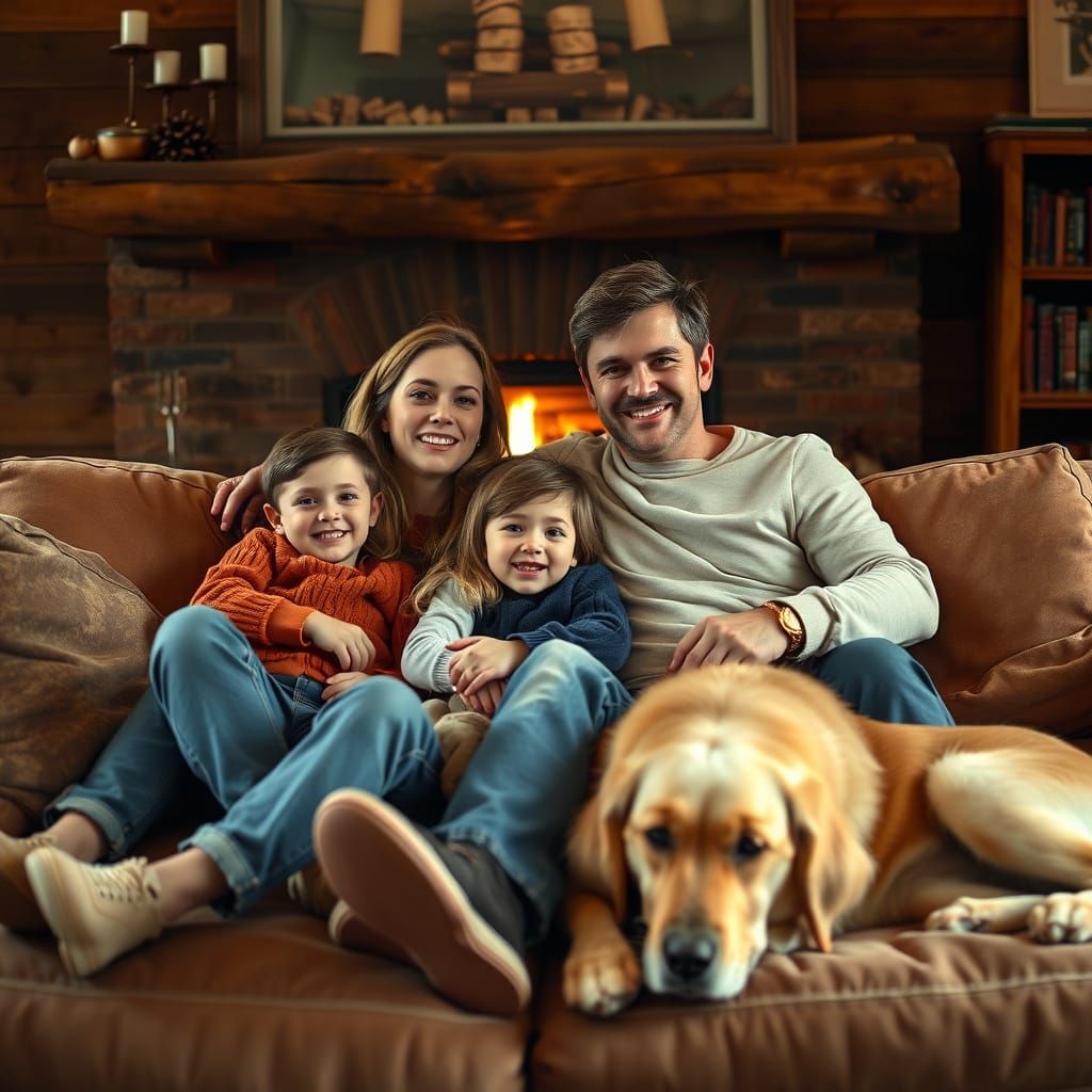 A heartwarming family scene in a cozy living room, a loving mother and father sitting on the couch with their two young ...