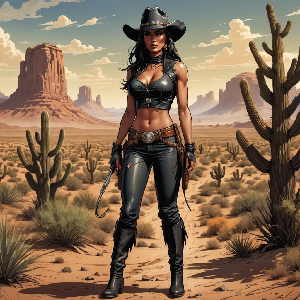 Latina Cowboy in Desert, Comic Book Art