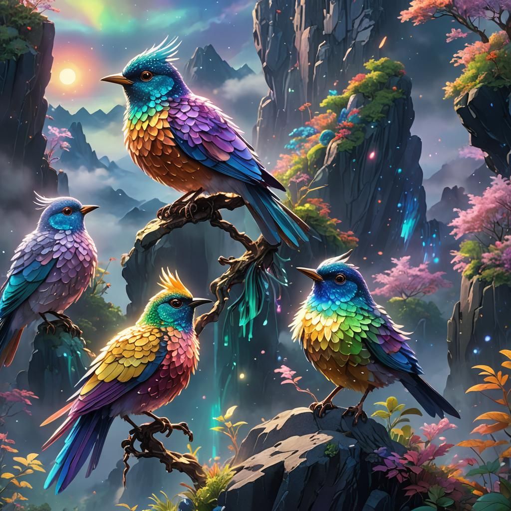 Jewel-Encrusted Birds on Misty Peak: Anime 3D Art