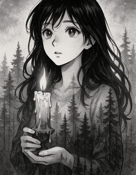 Manga Style Forest Double Exposure with Candle
