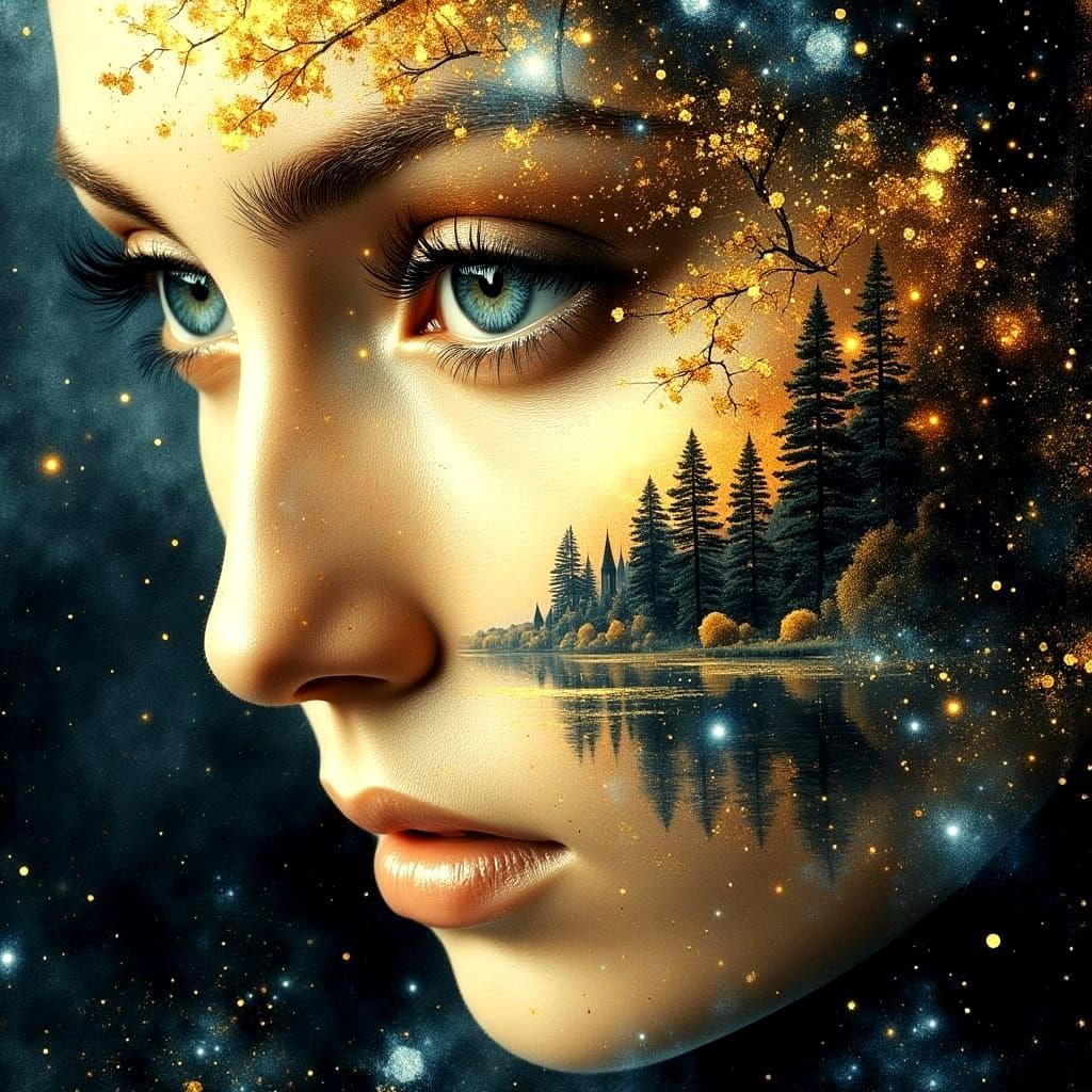 Metallic Double Exposure: Cityscape Within a Woman