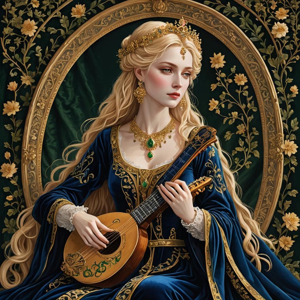 Aasimar Bard in Art Nouveau Style with Velvet Drapes