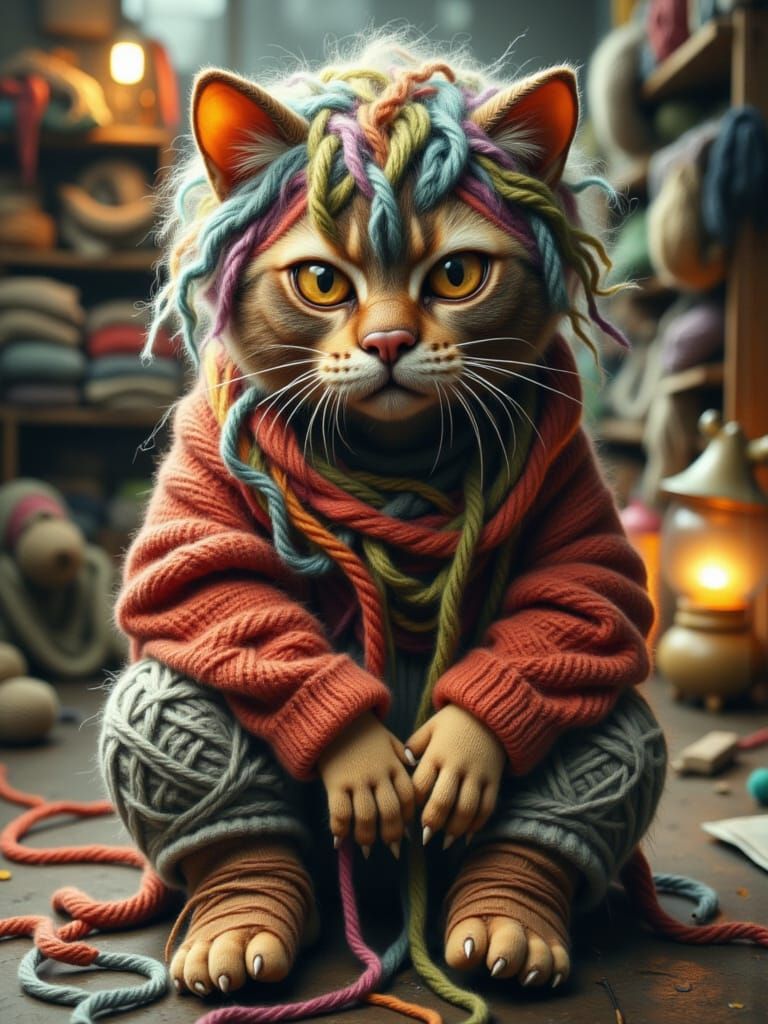 Cute Colorful Yarn Cat in Urban Grunge Style