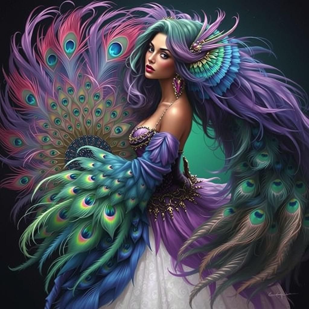 Woman with Rainbow Skin and Peacock Feather Hair