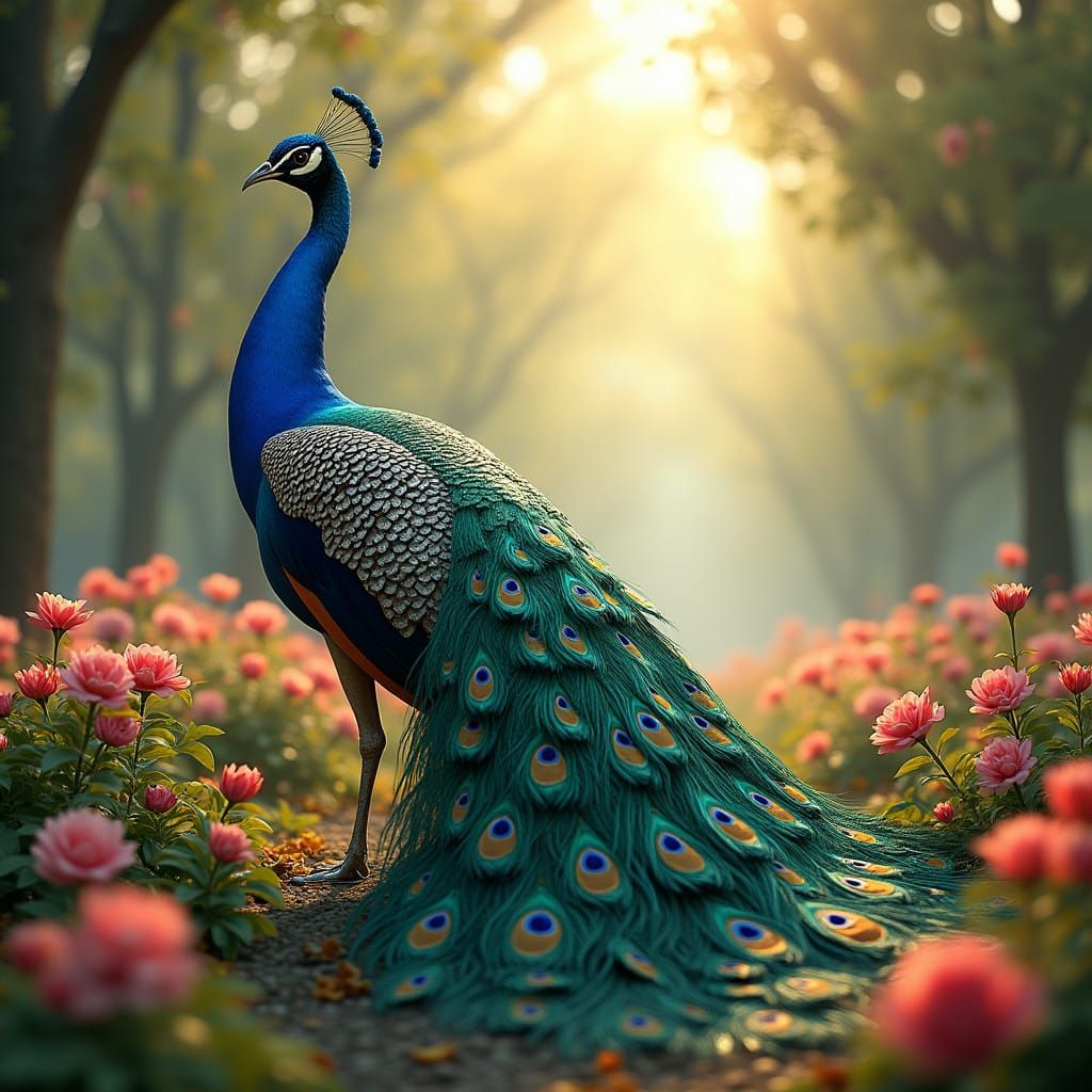 Majestic Peacock in Lush Garden with Vibrant Feathers and Co...