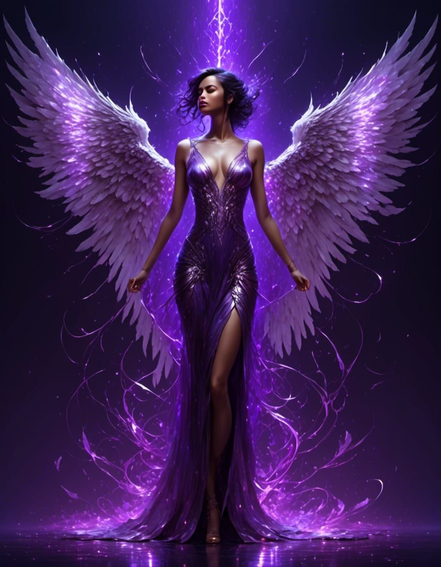 Winged Female Portrait with Luminous Silver Outlines