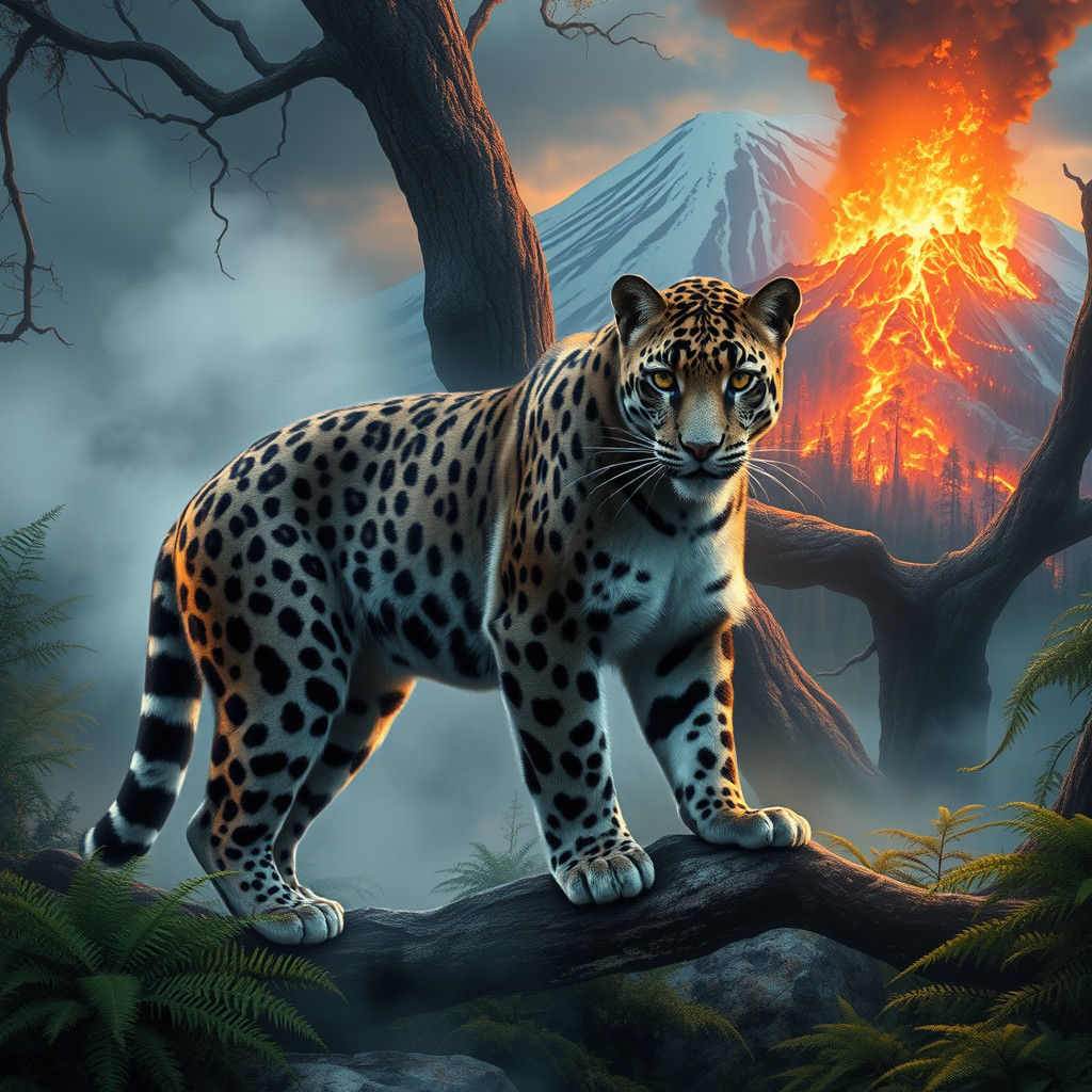 Clouded Leopard in Forest with Volcanic Portal
