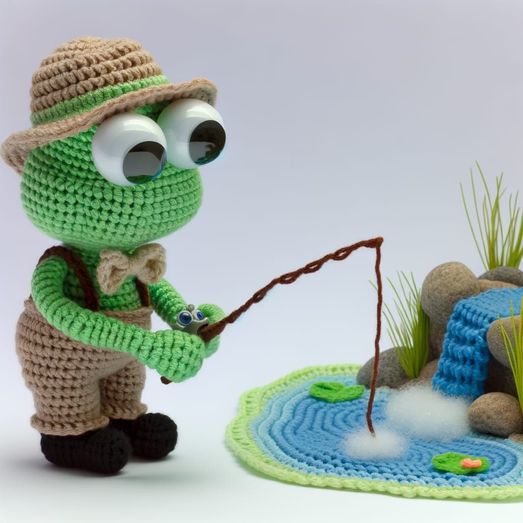 Crochet Frog with Googly Eyes Fishing Miniature Brook