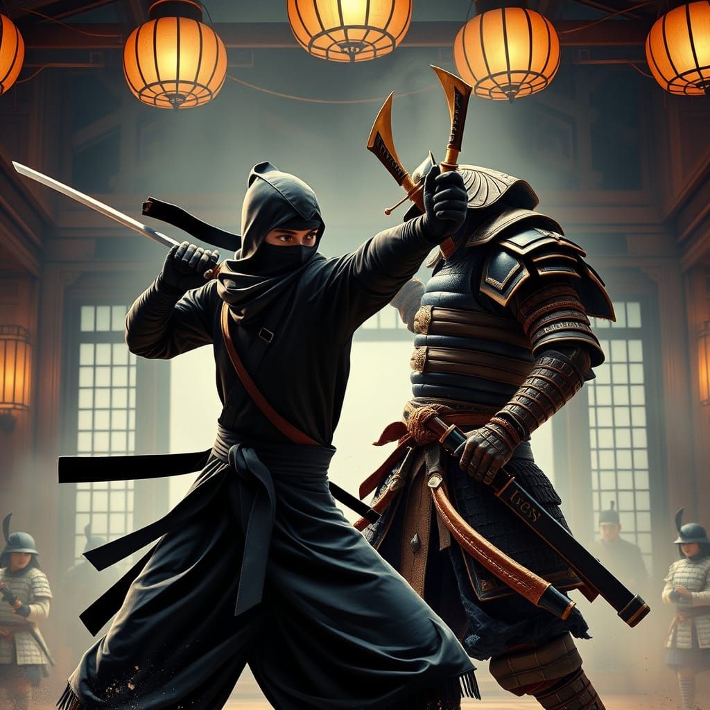 Ninja vs Samurai in Elegant French Bakery