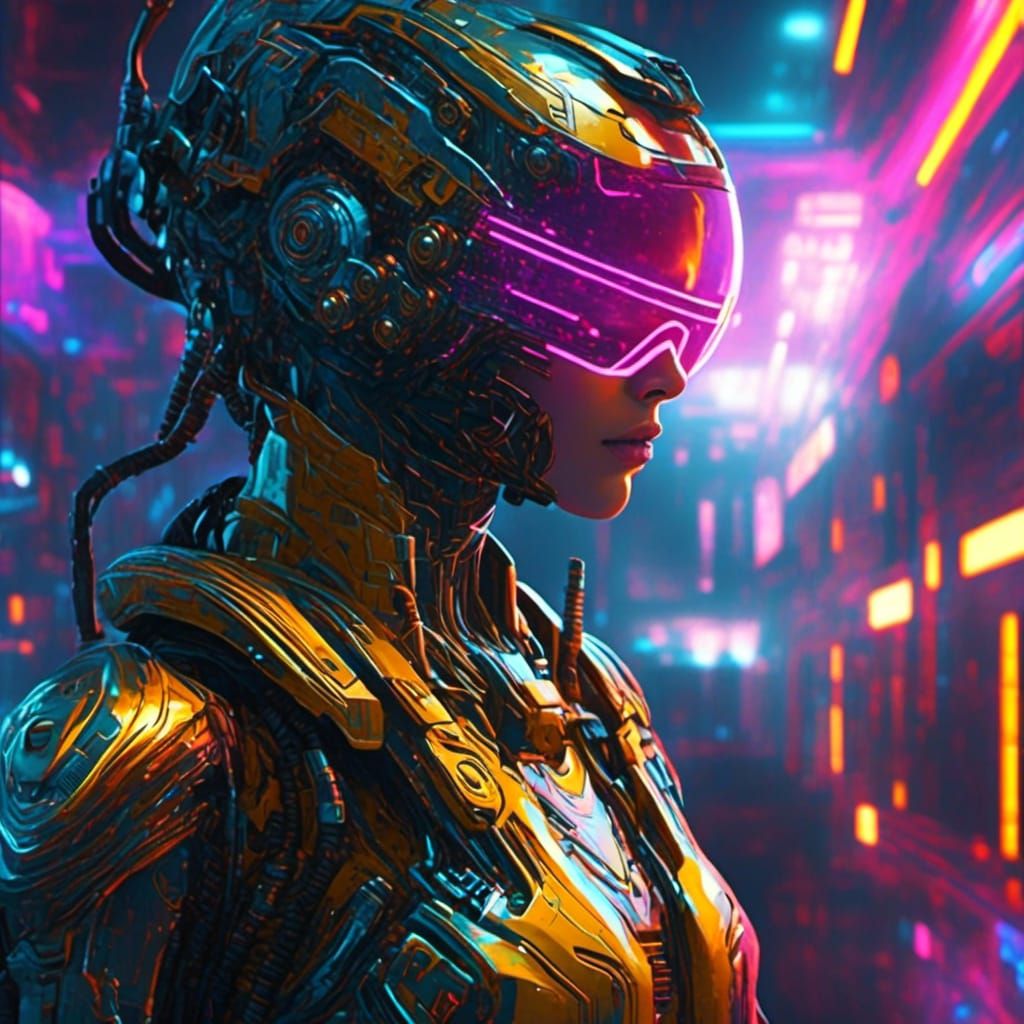 A Beautiful Cyborg in Vaporwave Style