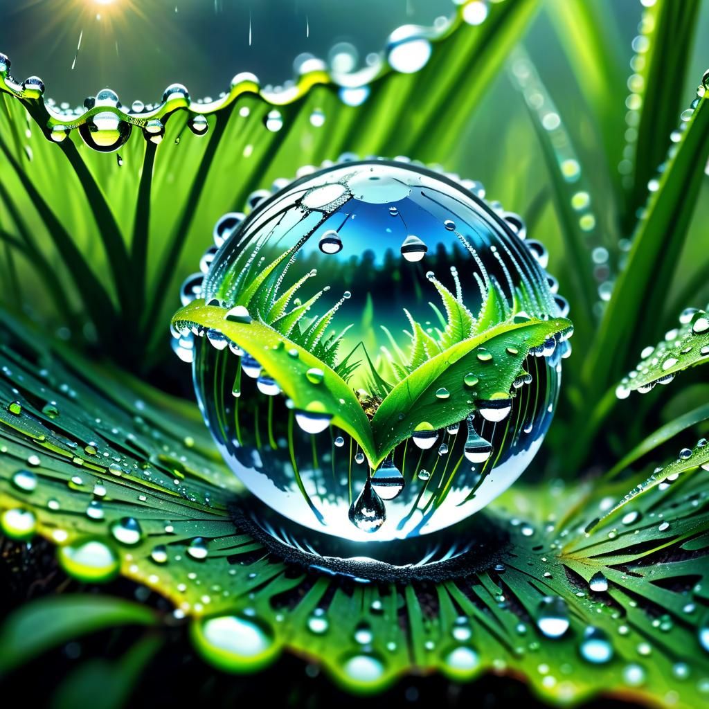 Fern Leaf Dewdrop Reflecting Earth: Hyperrealistic Macro