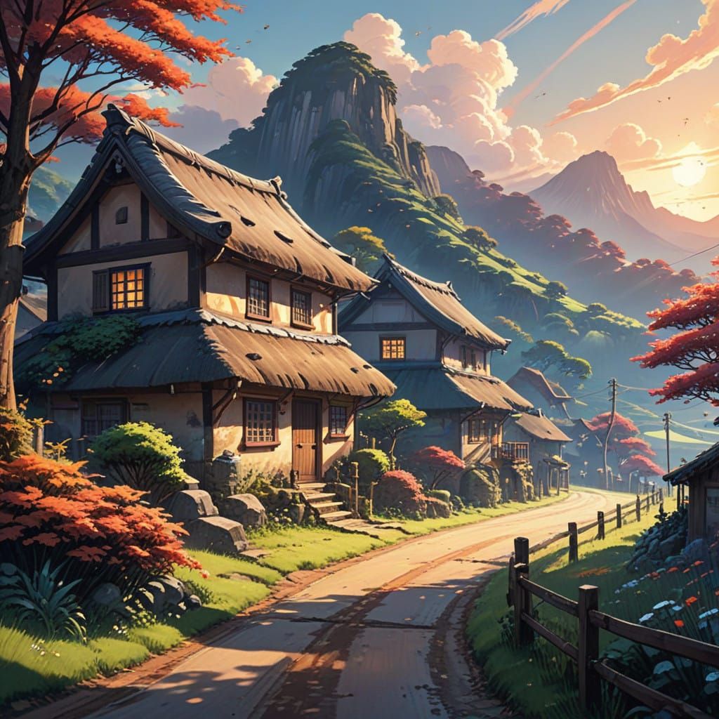 Whimsical Village Scene in Vibrant Anime Style