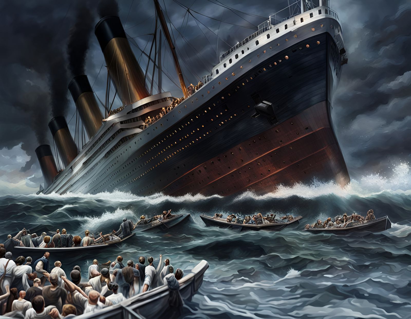 Hyperrealistic Titanic Sinking with Lifeboats