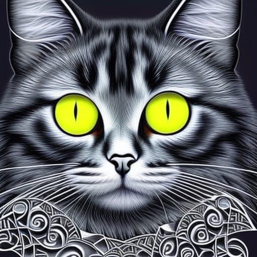 Grey Kitten with Fractal Fur in Psychedelic Style