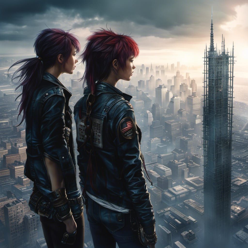 Punk Girls Admire Cityscape in Blueprint Style