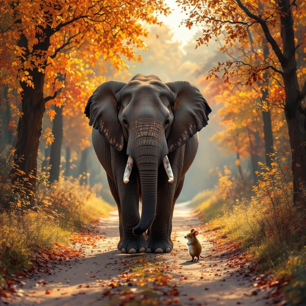Elephant and Mouse Friends on Autumn Path