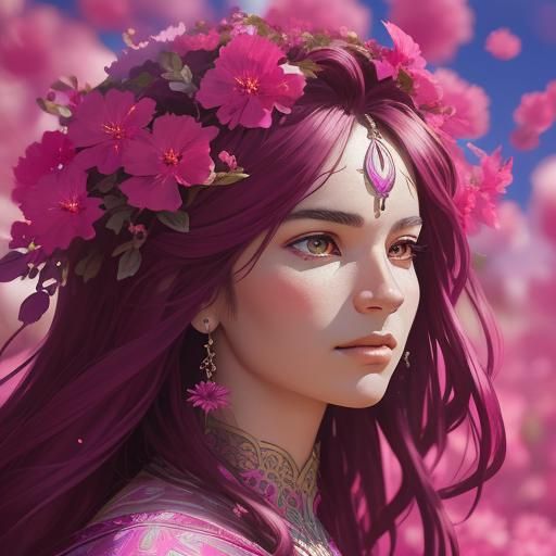 Goddess Blessing Magenta Flowers: Hyperrealistic Splash Art