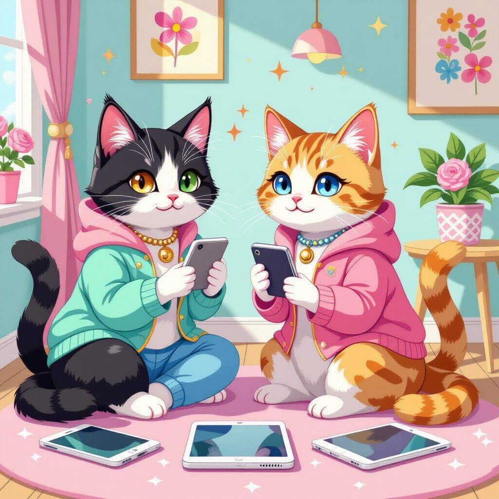 Trendy Cats in Pastel Room, Manga Style