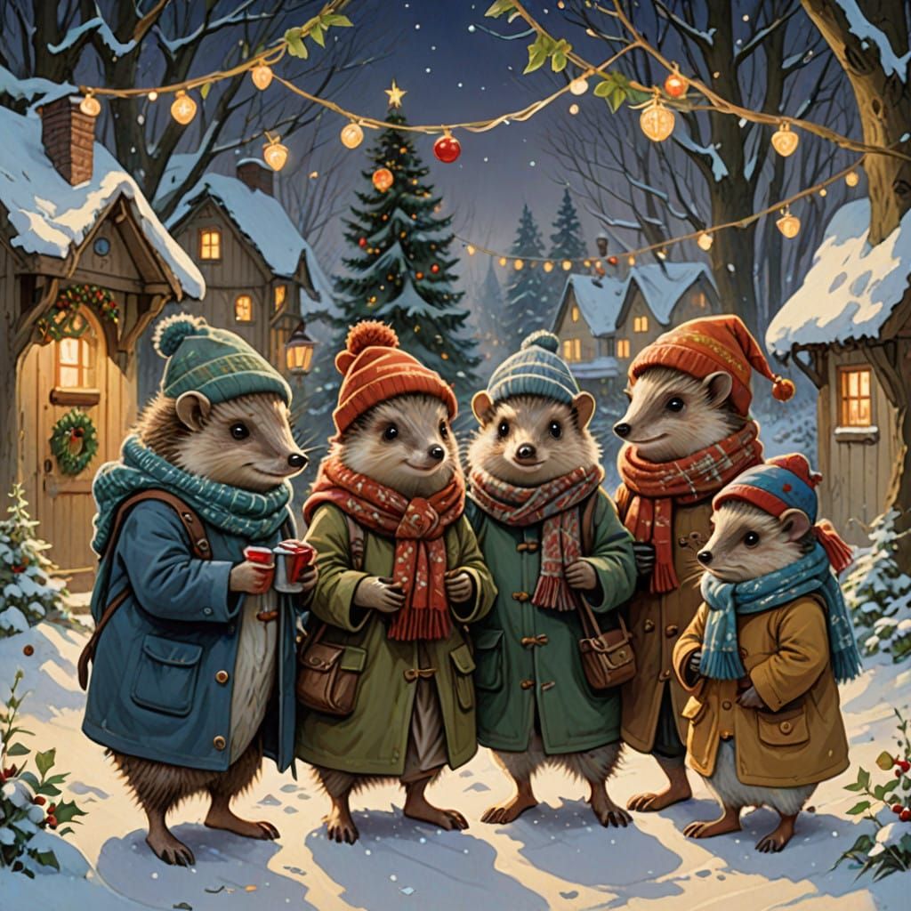 Whimsical Hedgehog Family Celebrates Christmas in Snowy Fore...
