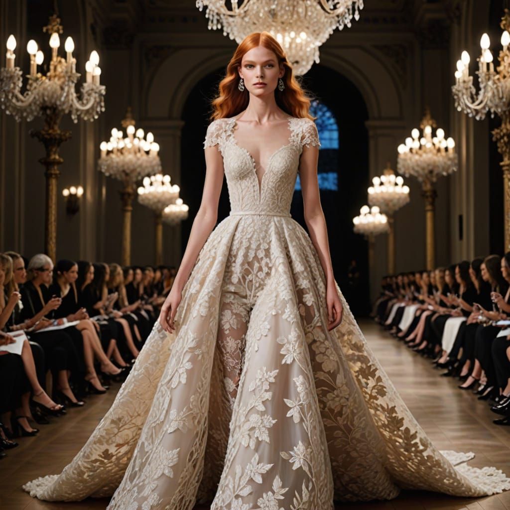 Elegant Red-Headed Model Struts Down Runway in Black and Whi...