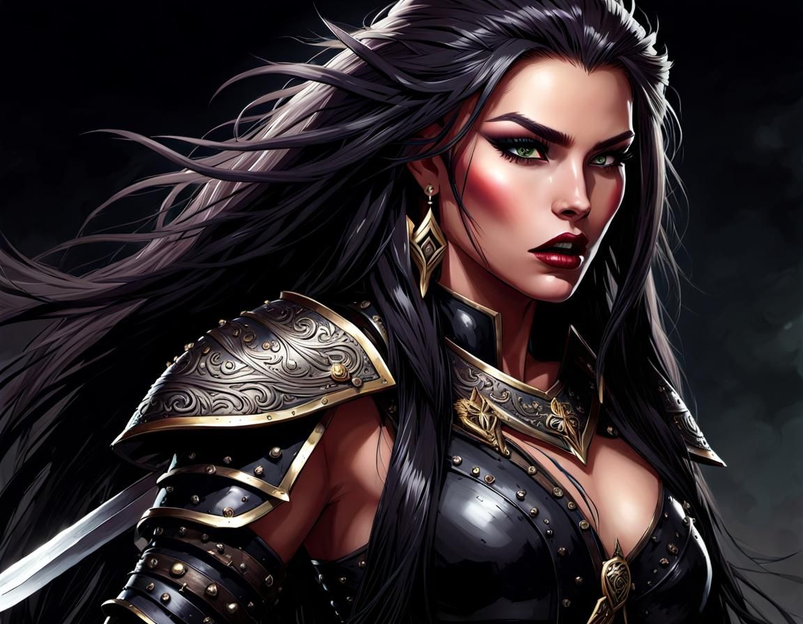 Fierce Savage Woman with Sword and Dagger